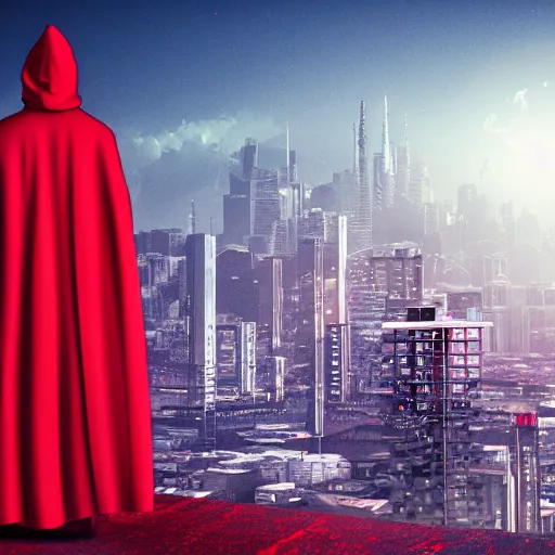 Prompt: a man in a long red cloak standing on the edge of the building looking at the city scape, synthwave digital art