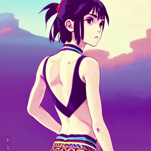 Image similar to a beautiful boyish emma watson alluring instagram model, wearing japanese hiphop aztec leotard outfit with mayan pattern and native style, aztec street fashion bathing suit, botw style, gapmoe yandere grimdark, trending on pixiv fanbox, painted by greg rutkowski makoto shinkai takashi takeuchi studio ghibli, akihiko yoshida