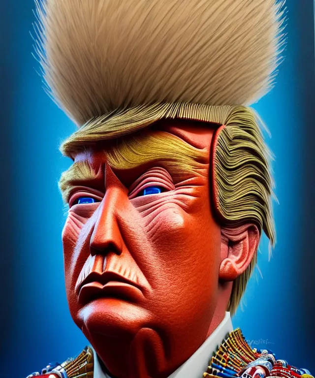 Image similar to hyperrealistic mixed media painting of Donald Trump as a Navajo doll, stunning 3d render inspired art by P. Craig Russell and Barry Windsor-Smith + perfect facial symmetry + dim volumetric lighting, ornate gothic armor, head and shoulders, d&d, arms crossed, serious expression, 8k octane beautifully detailed render, post-processing, extremely hyperdetailed, intricate, epic composition, grim yet sparkling atmosphere, cinematic lighting + masterpiece, trending on artstation, very very detailed, masterpiece, stunning