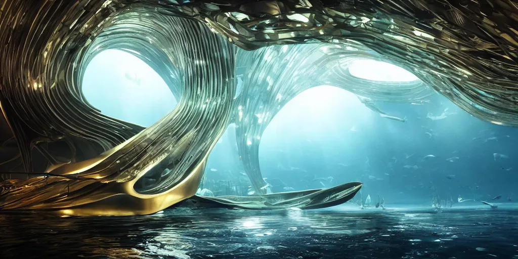 Prompt: underwater living habitat designed by zaha hadid, cinematic lighting, deep focus, sharp focus, golden ratio, dramatic illumination, hdr, ultra realistic, 8 k, highly detailed, trending on artstation, epic composition, by caravaggio, by artemisia lomi gentileschi