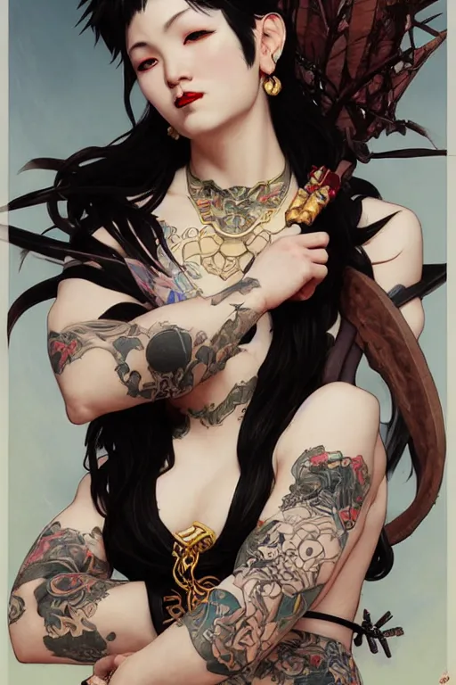 Image similar to portrait of goth Chun Li with yakuza tattoos, Street fighter, highly detailed, digital art from artstation by Ruan Jia and Mandy Jurgens, Alphonse Mucha and Artgerm and william-adolphe bouguereau