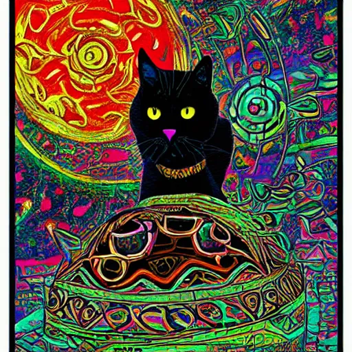 Image similar to dmitri the black cat stalks the exclusion zone lsd poster psychedelic