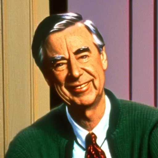 Image similar to mr. rogers in the backrooms fan game, in the style of old grainy vhs footage
