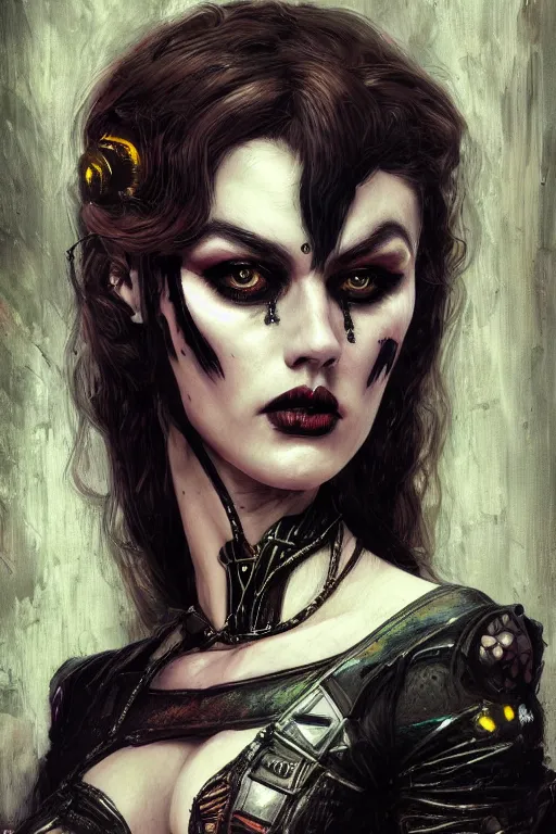 Image similar to portrait of beautiful gothic Margo Robbie, cyberpunk, Warhammer, highly detailed, artstation, illustration, art by Gustav Klimt