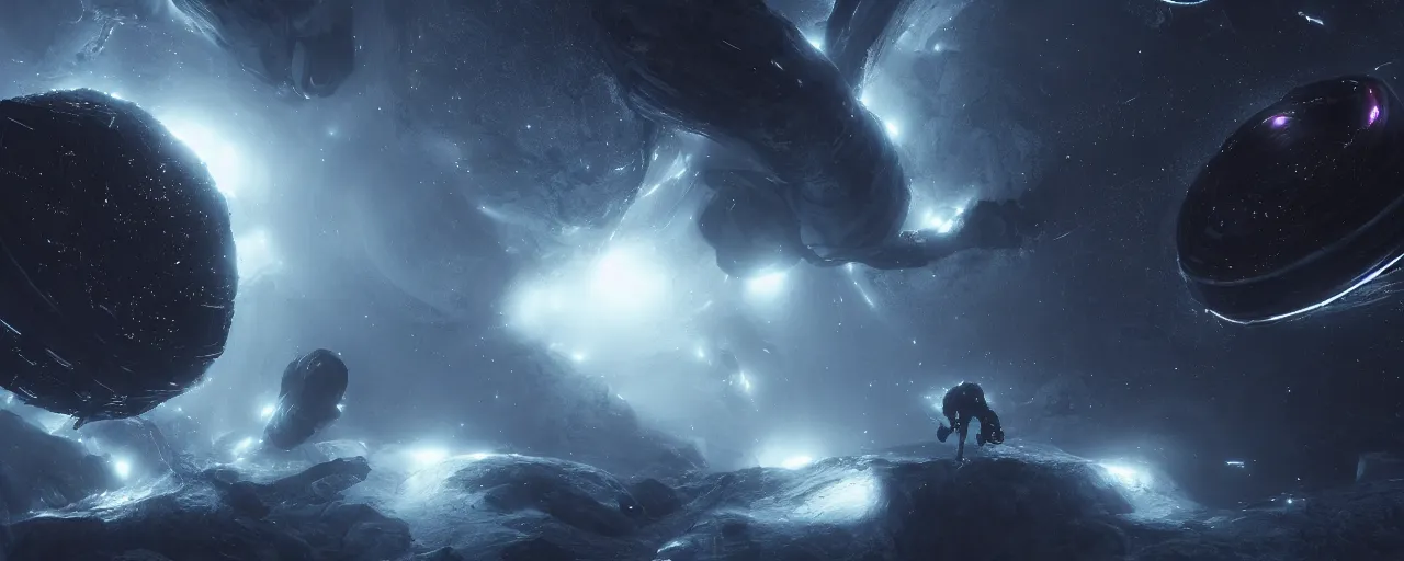 Image similar to a dark epic swirling galaxy, space scene, dark scifi, unreal engine, octane render, volumetric lighting