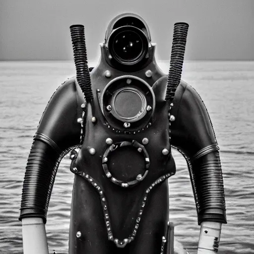 Prompt: Early twentieth century armored diving suit in the deep sea, photography, Sony A7III, 35mm f2,4