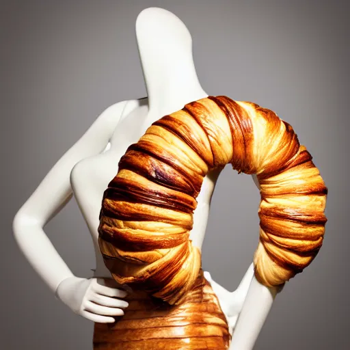 Prompt: a beautiful dress made out of a croissant, on a mannequin. high quality, high resolution, studio lighting