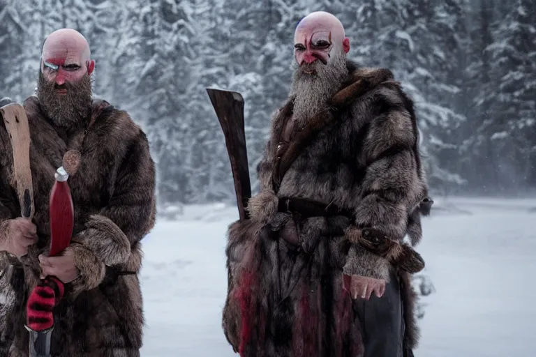 Prompt: vfx movie strong bald man in furs, natural grizzled skin, streaks of red face paint grey beard, holding two detailed viking axes, in snowy tahoe, god of war by emmanuel lubezki