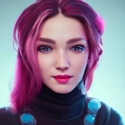 Prompt: the most beautiful woman in the world, in the style of julia razumova, beautiful, happy expression, cheery, unreal engine, octane rendering, 8 k, closeup headshot, smooth, trending on artstation, digital illustration, pink hair