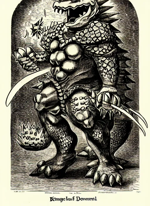 Image similar to illustration of bowser the king koopa as a demon from the dictionarre infernal, etching by louis le breton, 1 8 6 9, 1 2 0 0 dpi scan, ultrasharp detail, clean scan