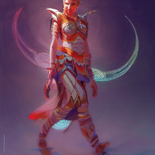 Prompt: curvy asian tribal armor girl, digital illustration by ruan jia on artstation, outlined by whirling illuminated neon lines and fine lines swirling in circles by jesper ejsing and rhads and makoto and shinkai and lois van baarle, digital art, trending on artstation - h 8 3 2