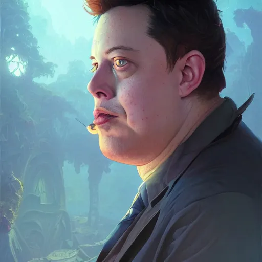 Prompt: Highly detailed portrait of fat Elon Musk, Stephen Bliss, unreal engine, fantasy art by Greg Rutkowski, Loish, Rhads, ferdinand knab, Makoto Shinkai and Lois van baarle, ilya kuvshinov, rossdraws, Tom Bagshaw, alphonse mucha, global illumination, radiant light, detailed and intricate environment