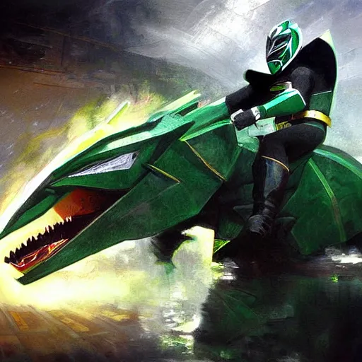 Image similar to green power ranger dragonzord, realistic, ultrahd, jeremy mann painting