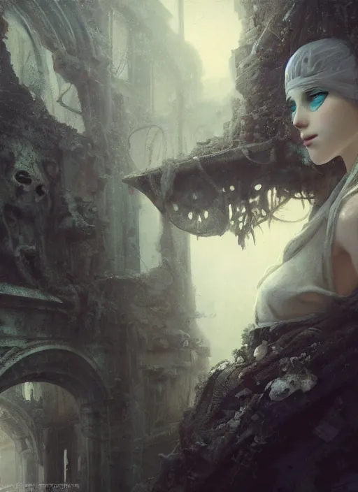 Image similar to close up of a veiled half scull mask girl on the ruins temple, looking at the camera very curiously, smog on the floor, extremely beautiful and aesthetic and attractive detailed face and body, chiaroscuro, dynamic pose, fantasy illustrations, by makoto shinkai and jeremy lipking and ferdinand knab