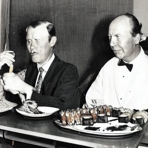 Prompt: Old photo of Harald V the king of Norway eating sushi