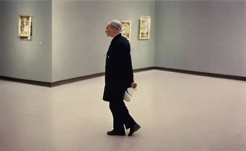 Image similar to 50s movie still close-up portrait of an elder soviet general walking in an empty museum, by David Bailey, Cinestill 800t 50mm eastmancolor, heavy grainy picture, very detailed, high quality, 4k, HD criterion, low quality, precise texture and facial expression