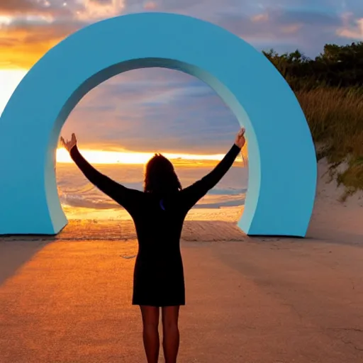 Image similar to a woman facing a oval blue energy portal on the street, which shows a beach at sunset