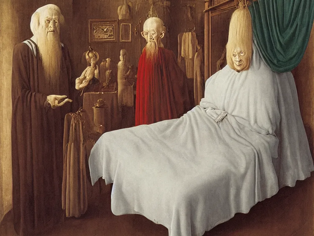 Image similar to Portrait of albino mystic with blue eyes, standing near the bed of a very old man with leprosy. Painting by Jan van Eyck, Audubon, Rene Magritte, Agnes Pelton, Max Ernst, Walton Ford