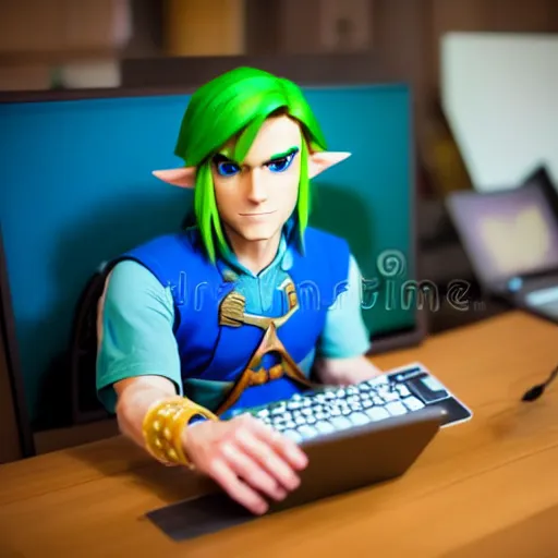 Prompt: link from zelda using computer, stock image