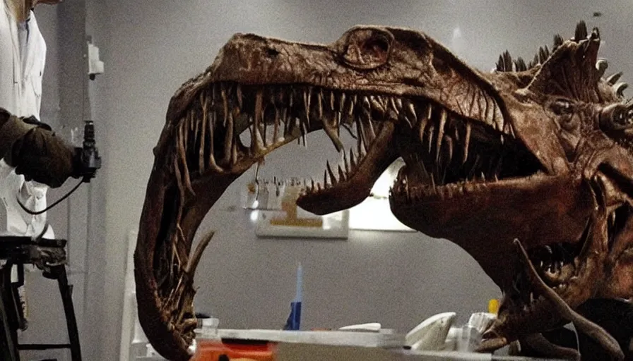 Prompt: Big budget horror movie about a T Rex doing brain surgery.