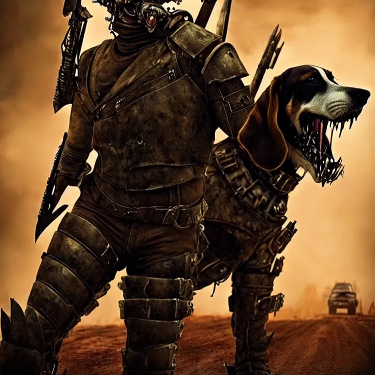 Image similar to a good ol'hound dog fursona ( from the furry fandom ), heavily armed and armored facing down armageddon in a dark and gritty version from the makers of mad max : fury road. witness me.