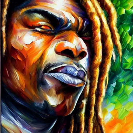 Prompt: portrait painting of The Predator by Leonid Afremov, dreadlocks, hyperdetailed!