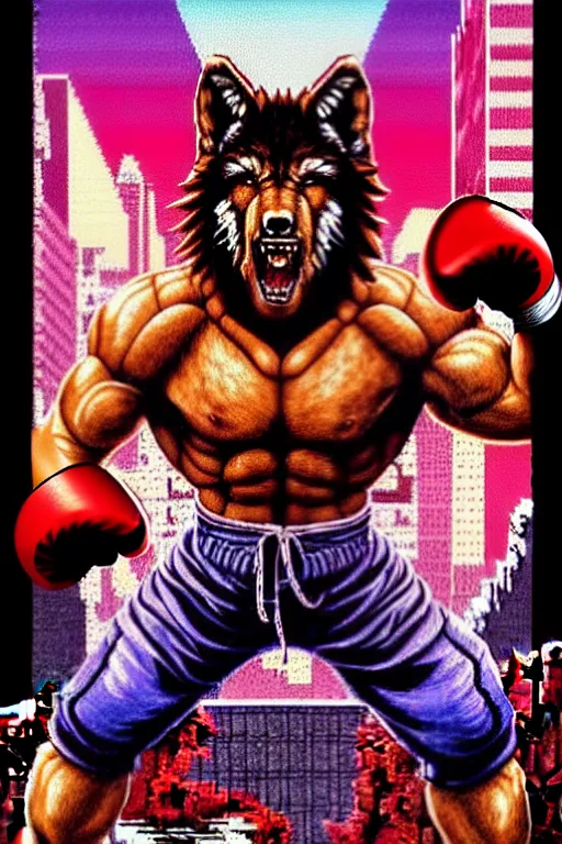 Image similar to extreme long shot. 8 bit nes graphics. antropomorphic muscular masculine wolf. kickboxer fighter, in shorts. wolf head. fine details, very sharp, art from nes game cartridge, 8 0's, vhs artefacts, vaporwave style, marc simonetti and hermann nitsch. kung fury movie