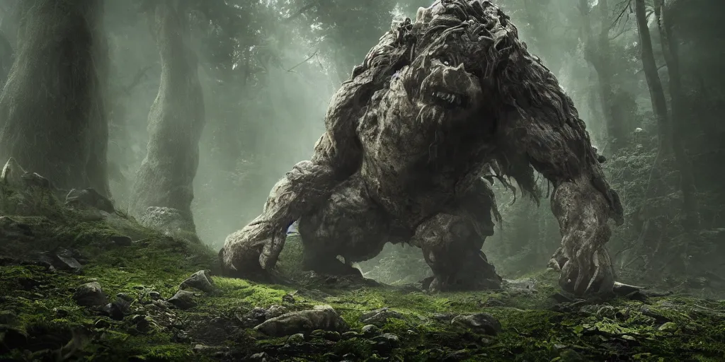 Image similar to a giant armored cave troll in a scary forest in the style of lord of the rings, 8 k, moody lighting, shallow depth of field, raytracing,