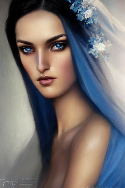 Image similar to modern tanned Ameera al-Taweel, bright blue eyes, wavy black hair, white veil, closeup, focus face, elegant, highly detailed, centered, oil painting, artstation, concept art by tom bagshaw