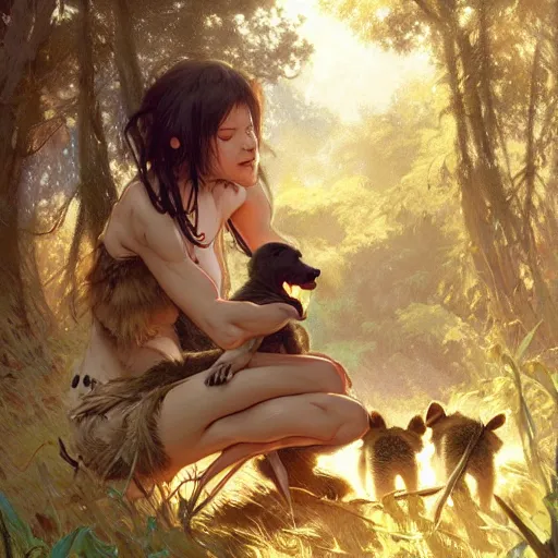 Prompt: photo of a hyenagirl feeds puppies in the forest, highly detailed, digital painting, artstation, smooth, sharp focus, illustration, art by artgerm and greg rutkowski and alphonse mucha