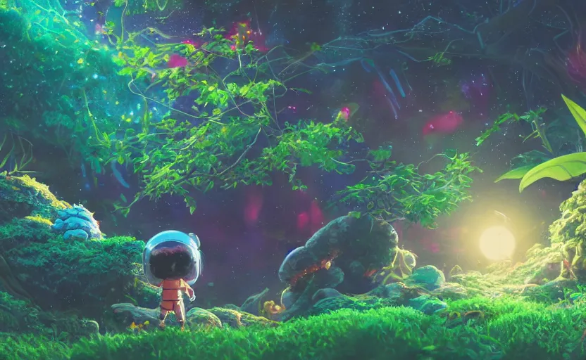 Image similar to a still of a cute adorable tiny astronaut, on a planet of lush colorful foliage surrounded by kaiju monsters, magical forest, sharp focus, neon backlit, highly detailed, disney pixar studio ghibli makoto shinkai, digital painting, matte, octane render, cinematic volumetric lighting, global illumination, iridescent, anime, 8 k concept art