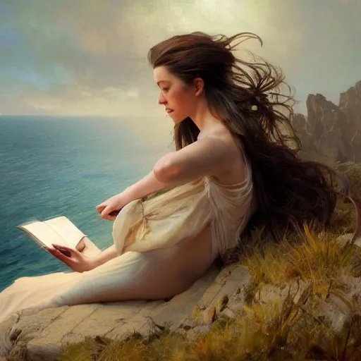 Image similar to hyperrealist portrait of a woman as amber heard reading a book atop a windy cliff by jeremy mann and alphonse mucha, fantasy art, photo realistic, dynamic lighting, artstation, poster, volumetric lighting, very detailed faces, 4 k, award winning
