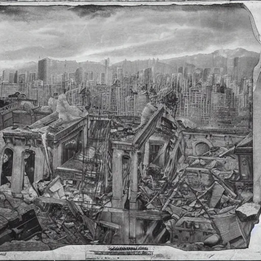 Image similar to a city is getting destroyed and buildings and palaces are collapsing a man from higher elevation looking at city while fire is everywhere and dead bodies and broken buildings are everywhere detailed