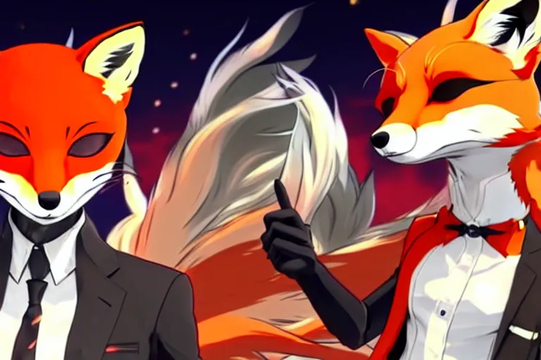 Image similar to a furry tan male fox on a persona 5 : royal ( by atlus ) video game splash screen, a furry male sandcolored tan fox fursona ( has hair ), persona 5 phantom thief style