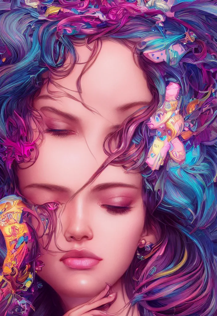 Image similar to beautiful, young woman, detailed gorgeous face, vaporwave aesthetic, synthwave, colorful, psychedelic, artstation, concept art, smooth, extremely sharp detail, finely tuned detail, ultra high definition, 8 k, unreal engine 5, ultra sharp focus, illustration, art by artgerm mary dimova, jim lee, greg rutkowski and alphonse mucha