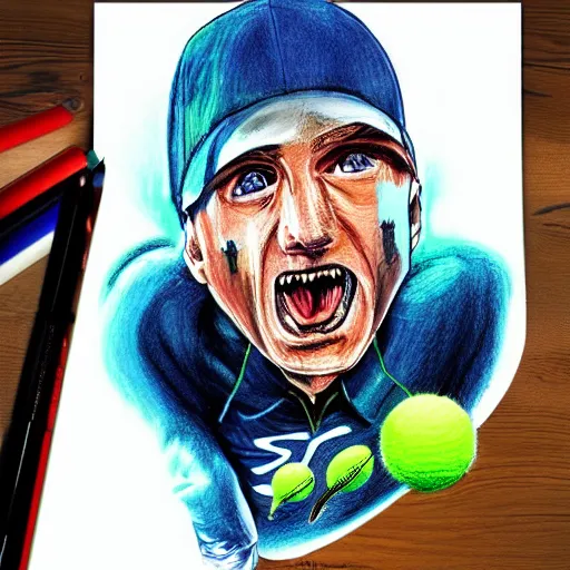 Image similar to a eminem,marshal mathers, slim shady tennis ball monster, tennis ball, lightning, chalk, digital art, fantasy, magic, trending on artstation, ultra detailed, professional illustration by Basil Gogos