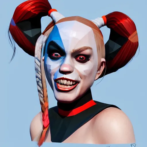 Image similar to digital art, low poly 3d render of Harley Quinn but she's a beautiful young ape-girl with long pony tails on either side of her head, illustration, by James Jean, artgerm, octane render, by John Coltrane and Marc Simonetti, Manic, graffiti, kinemacolor, colorful, high detail of the face, full body