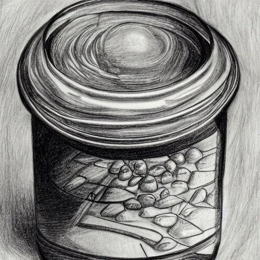 Image similar to planet earth inside an apothecary jar on a desk, pencil drawing, detailed