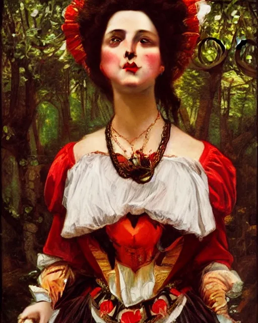 Image similar to 'queen of hearts' from 'alice in wonderland', intricate portrait by john william waterhouse and Edwin Longsden Long and Theodore Ralli and Henryk Siemiradzki, very coherent symmetrical artwork. Cinematic, hyper realism, high detail 8k