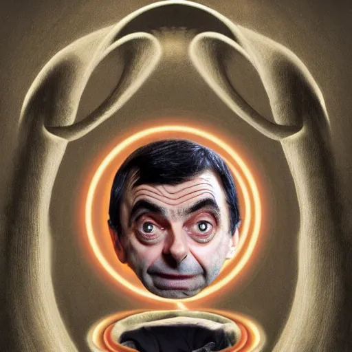 Image similar to beautiful esoteric occult art of Mr Bean as Ouroboros ,centered award winning high resolution 4k 8k 16k