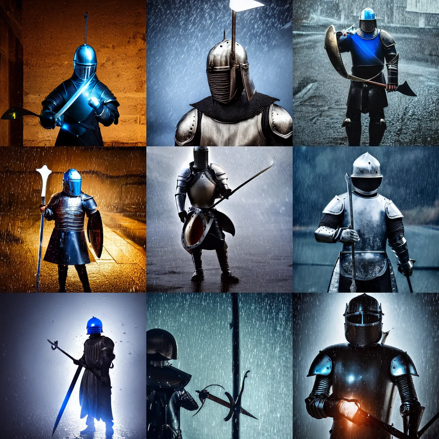 Prompt: ultra realistic character as a medieval knight that holds a helmet in his hand, staying in the rain with sword that almost glows with blue light shot from professional camera, rim light, rainy weather, vivid lights night time, dark mood