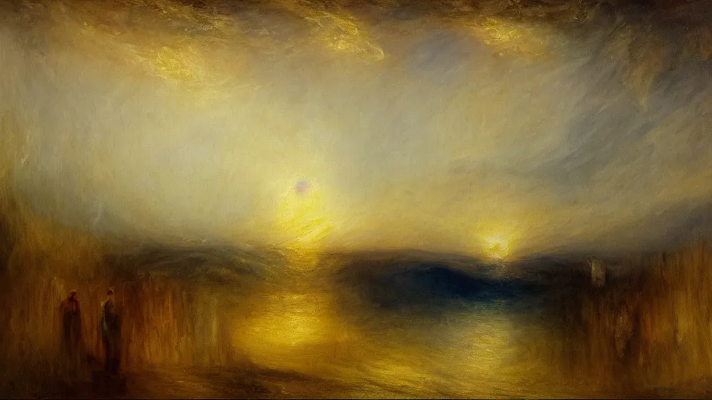 Image similar to uncanny valley in the style of j. m. w. turner, oil on canvas