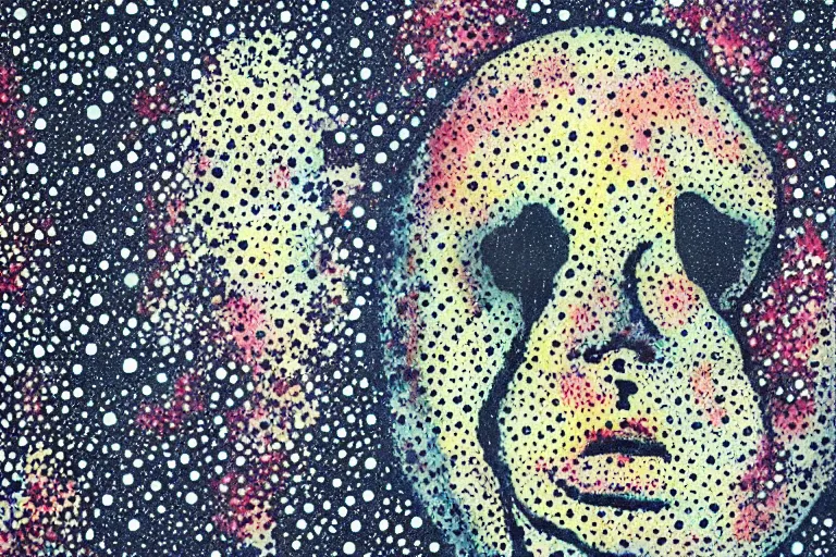 Image similar to face made out of planet, faceless people dark, dots, drip, stipple, pointillism, technical, abstract, minimal, style of francis bacon, asymmetry, pulled apart, cloak, hooded figure, made of dots, abstract, balaclava