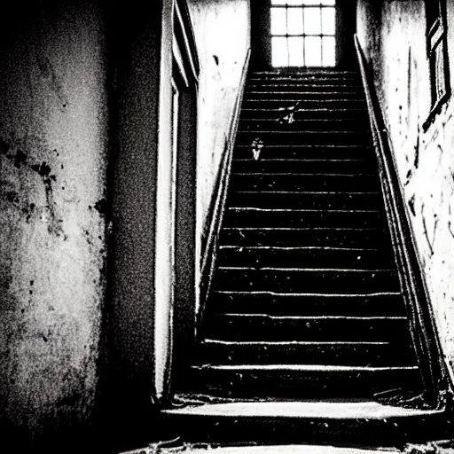 Image similar to grainy photograph of a dark and dilapidated staircase with 2 1 savage sitting on the bottom step, positioned at the bottom step looking up the staircase, a ghost inn the darkness at the top of the stairs