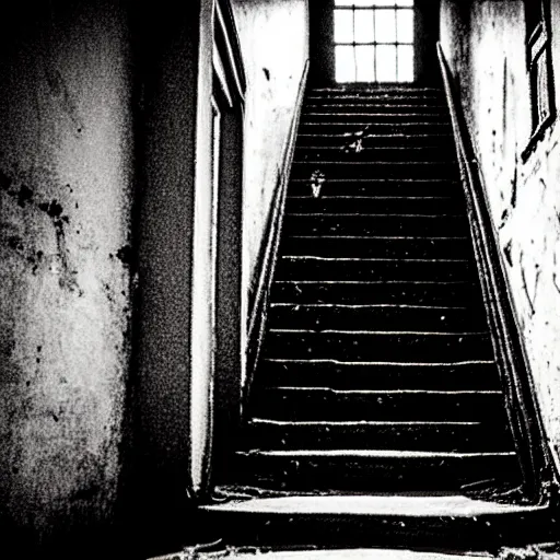 Prompt: grainy photograph of a dark and dilapidated staircase with 2 1 savage sitting on the bottom step, positioned at the bottom step looking up the staircase, a ghost inn the darkness at the top of the stairs