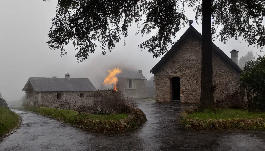 Image similar to mini dv camera footage of a heavy burning french style little house, heavy rain, foggy, in a small northern french village, heavy grain, very low quality, high detail, dramatic light