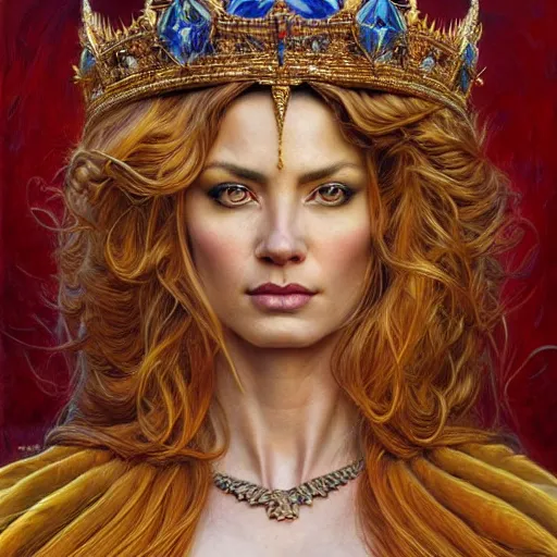 Image similar to highly detailed portrait of a majestic lioness queen in the form of a beautiful woman. d & d. art by donato giancola, brian bolland, ruan jia, alberto vargas. trending on artstation, intricate details, energetic composition, golden ratio, concept art, illustration, elegant art, global illuminaition