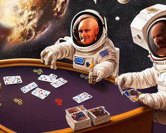 Prompt: an astronaut playing poker in space, 3d art by marco zagara