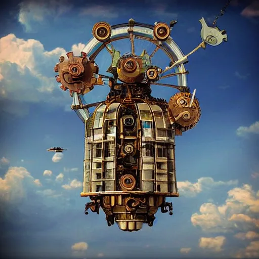 Prompt: flying city in a mechanical flower, sky, steampunk!!!, fantasy art, steampunk, masterpiece, octane