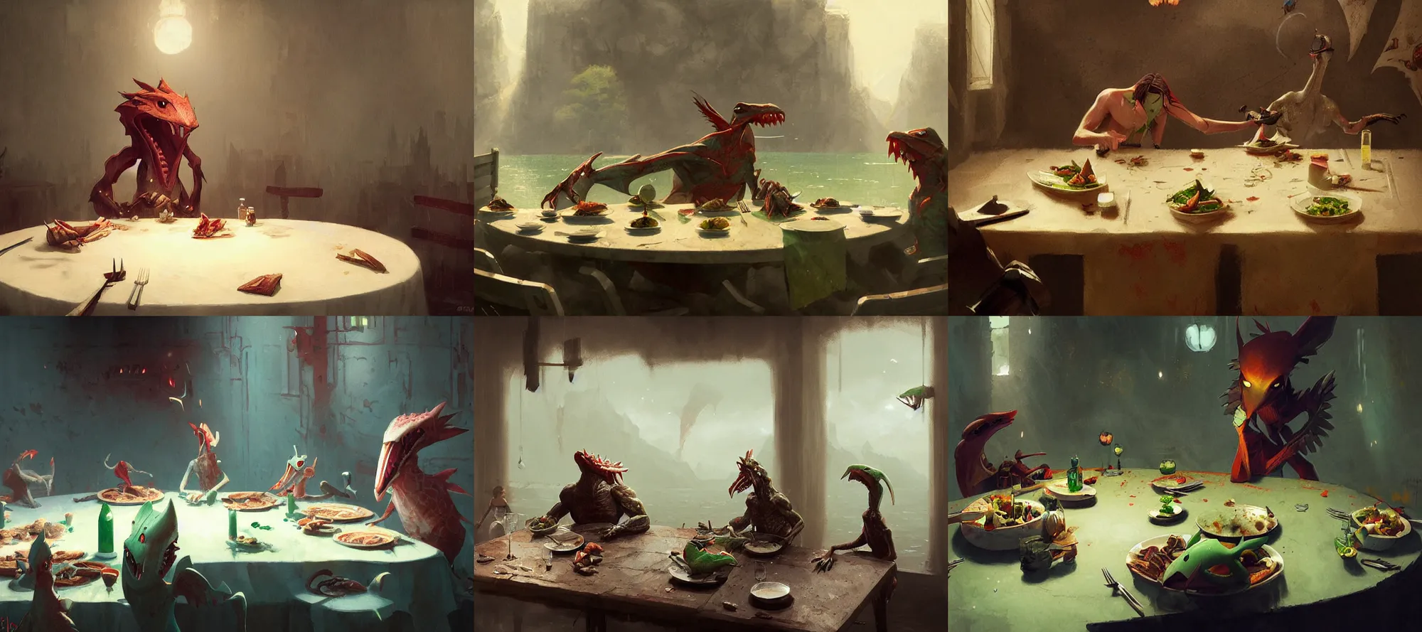 Prompt: grovyle eating dinner at a table happiness is temporary by greg rutkowski